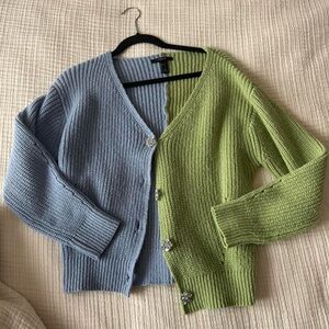 Unique blue and green cozy sweater cardigan with jewel buttons